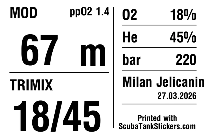 Horizontal trimix cylinder label showing MOD 67 metres, trimix 18/45, pressure, owner, and analysis date